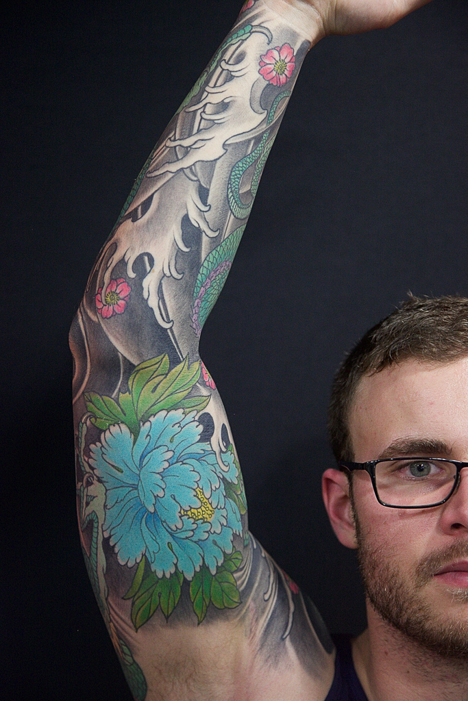 beautiful peony flower full sleeve tattoo