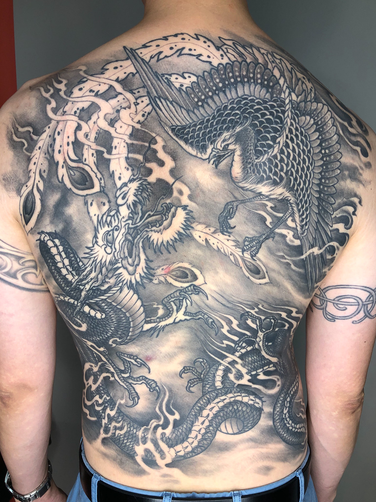 full back dragon and pheonix japanese tattoo