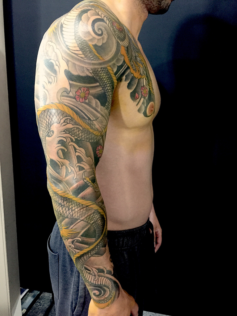 full sleeve and chest plate japanese tattoo