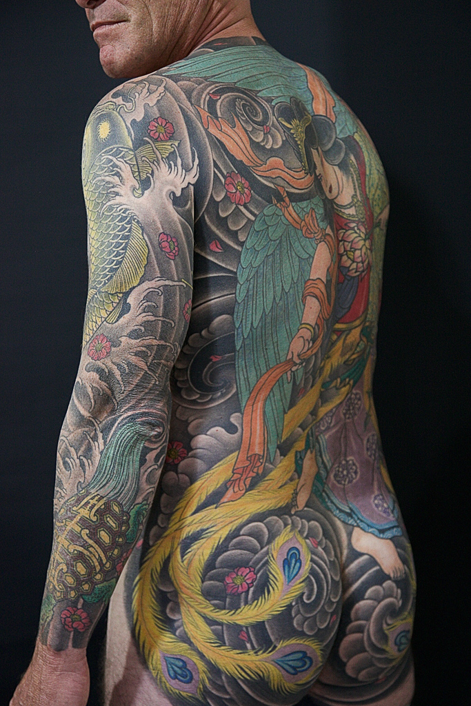 great full sleeve and back japanese tattoo.
