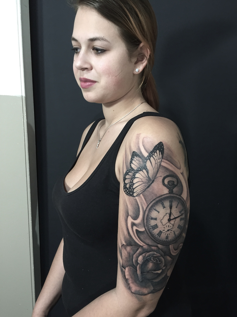 half sleeve realistic girl tattoo