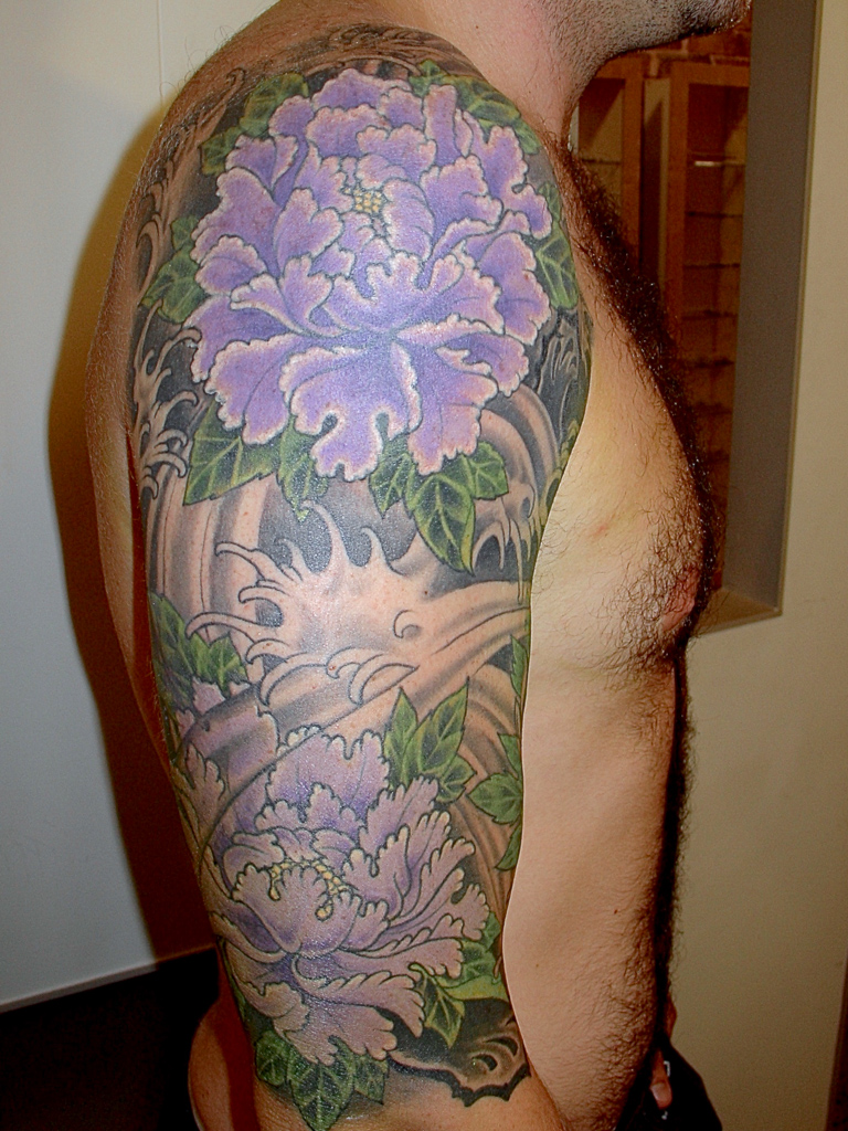 peony flowers half sleeve tattoo